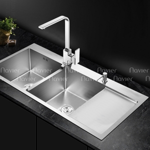 Chậu chén 2 ngăn liền khay Inox304 chuẩn 100% Navier NV-10048C304