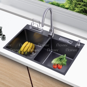 Chậu rửa chén 2 ngăn inox phủ nano đen có vắt dao Navier NV-8245DT201NND