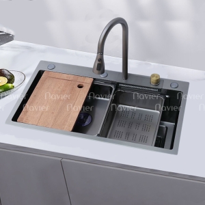 Chậu Rửa Chén 1 Hộc Inox Phủ Nano Xám Vòi Âm Cao Cấp Navier NV-7846XAT