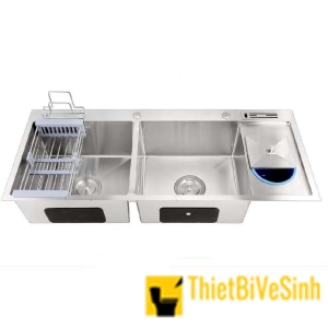 Chậu chén 2 ngăn liền khay có hố rác inox 304 chuẩn 100% Navier NV-10048RDTKS