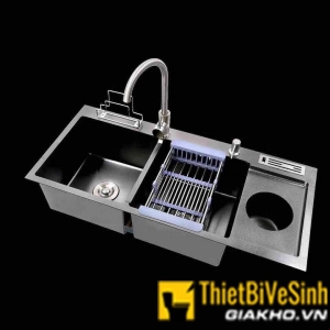 Chậu chén 2 ngăn nano liền khay có hố rác inox 201 cao cấp Navier NV-10048RDT201NND