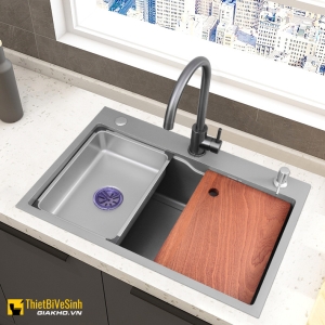 Chậu rửa chén 1 hộc lớn inox phủ nano xám kèm khay Navier NV-7846XKT