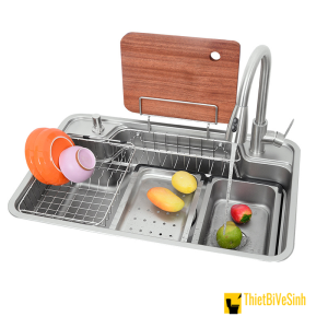 Chậu Rửa Chén 1 Ngăn Lớn Lõm Bán Nguyệt Inox 304 Kèm Khay Thớt Navier NV-8050BN304