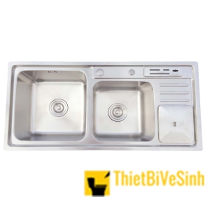 Chậu rửa chén 2 hộc lệch kèm khay hố rác và vắt dao Navier NV-9245VD