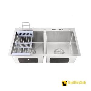 Chậu Rửa Chén 2 Ngăn Kèm Hộc Vắt Dao Inox Cao Cấp Không Sơn Navier NV-8350DTKS
